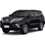Toyota Fortuner hitam tampak serong depan dan samping untuk layanan sewa mobil premium Jakarta dengan driver profesional