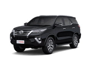 Toyota Fortuner hitam tampak serong depan dan samping untuk layanan sewa mobil premium Jakarta dengan driver profesional