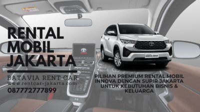 Banner promosi pilihan premium rental mobil Innova Zenix dengan supir Jakarta dari Batavia Rent Car, menampilkan unit Innova Zenix putih dengan latar belakang interior kabin mewah, solusi ideal untuk kebutuhan bisnis dan keluarga.