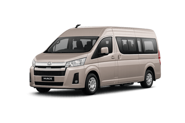 Toyota Hiace Premio coklat muda metallic tampak serong depan dan samping untuk layanan sewa Hiace Jakarta dengan driver profesional