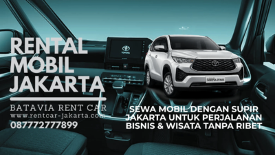 Banner promosi rental mobil Jakarta dari Batavia Rent Car menampilkan unit Toyota Innova Zenix putih dengan latar belakang interior kabin modern, layanan sewa mobil dengan supir Jakarta untuk perjalanan bisnis dan wisata tanpa ribet.