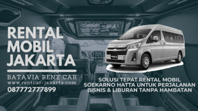 Banner promosi rental mobil bandara Soekarno Hatta dari Batavia Rent Car menampilkan unit Toyota Hiace silver dengan latar belakang interior kabin luas, solusi transportasi tepat untuk perjalanan bisnis dan liburan rombongan tanpa hambatan.