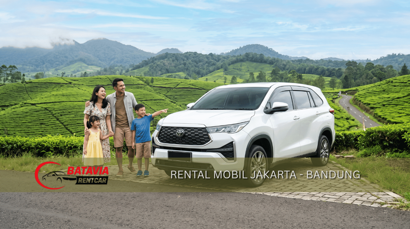 Rental mobil dari Jakarta ke Bandung & Lembang dengan mobil Innova putih dan latar kebun teh