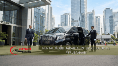 Rental mobil Jakarta untuk kebutuhan perusahaan dengan Alphard hitam di depan gedung perkantoran