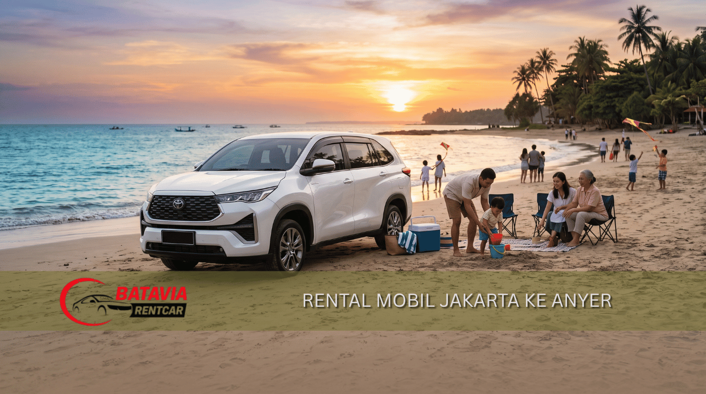 Rental mobil dari Jakarta ke Pantai Anyer dengan mobil Innova putih dan latar sunset pantai