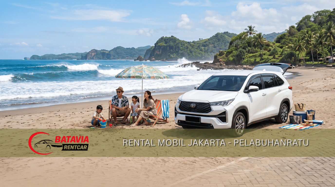 Rental mobil dari Jakarta ke Pelabuhan Ratu dengan mobil Innova putih dan latar pantai
