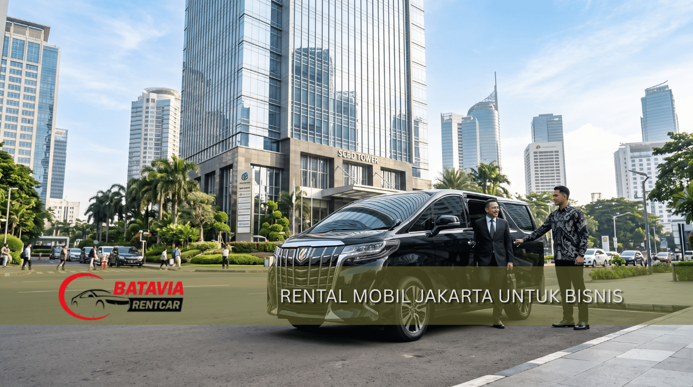 Rental mobil Jakarta untuk keperluan bisnis dengan Alphard hitam di depan gedung perkantoran