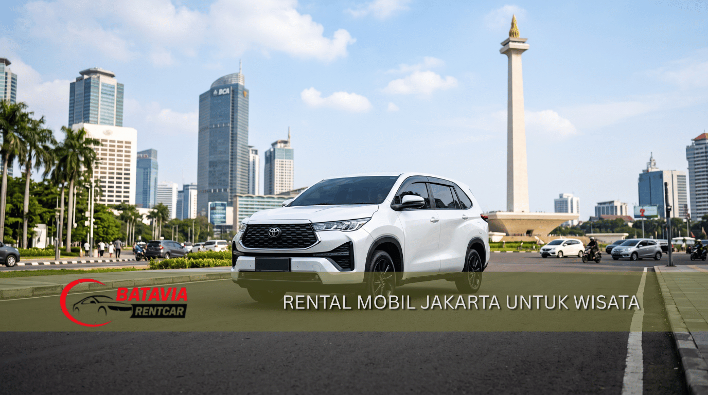 Rental mobil Jakarta untuk wisata keliling Jakarta dengan mobil Innova putih dan latar Monas