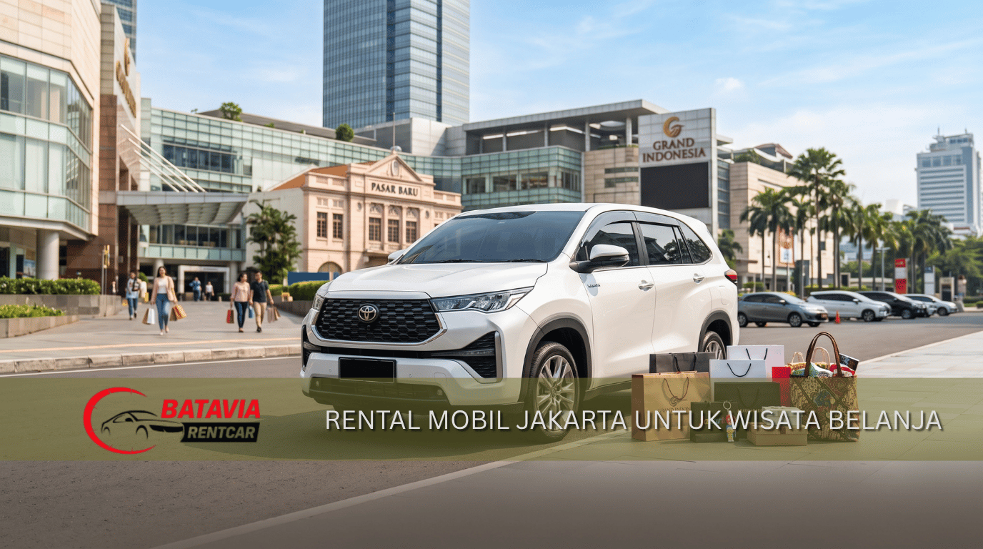Rental mobil untuk wisata belanja di Jakarta dengan mobil Innova putih dan tas belanja